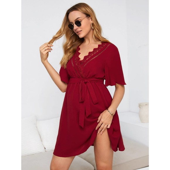 Maternity Contrast Lace v neck short sleeve Belted mini Dress red - Picture 5 of 8